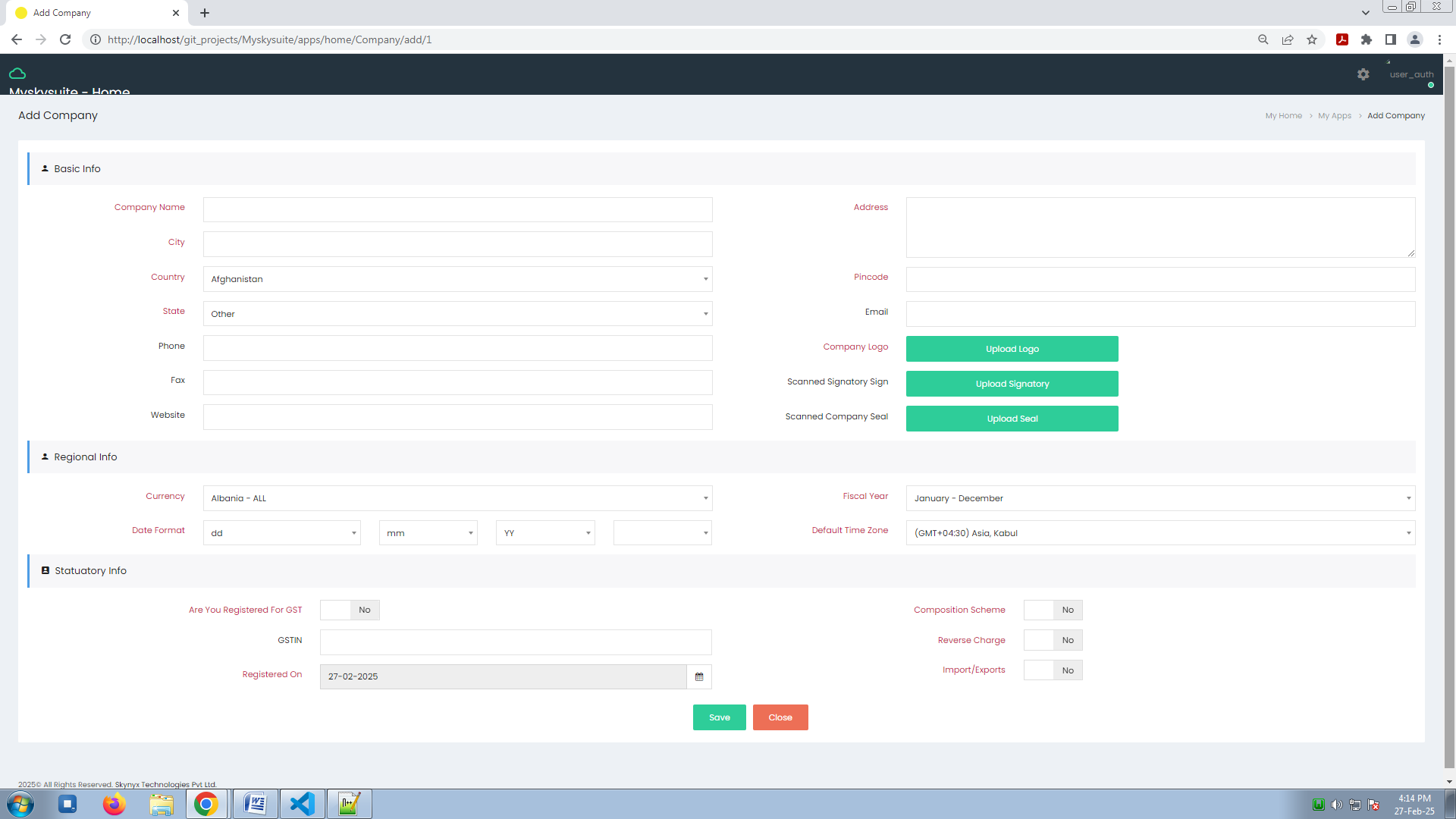 Sky Suite Add Company Page showing fields for business name and tax information