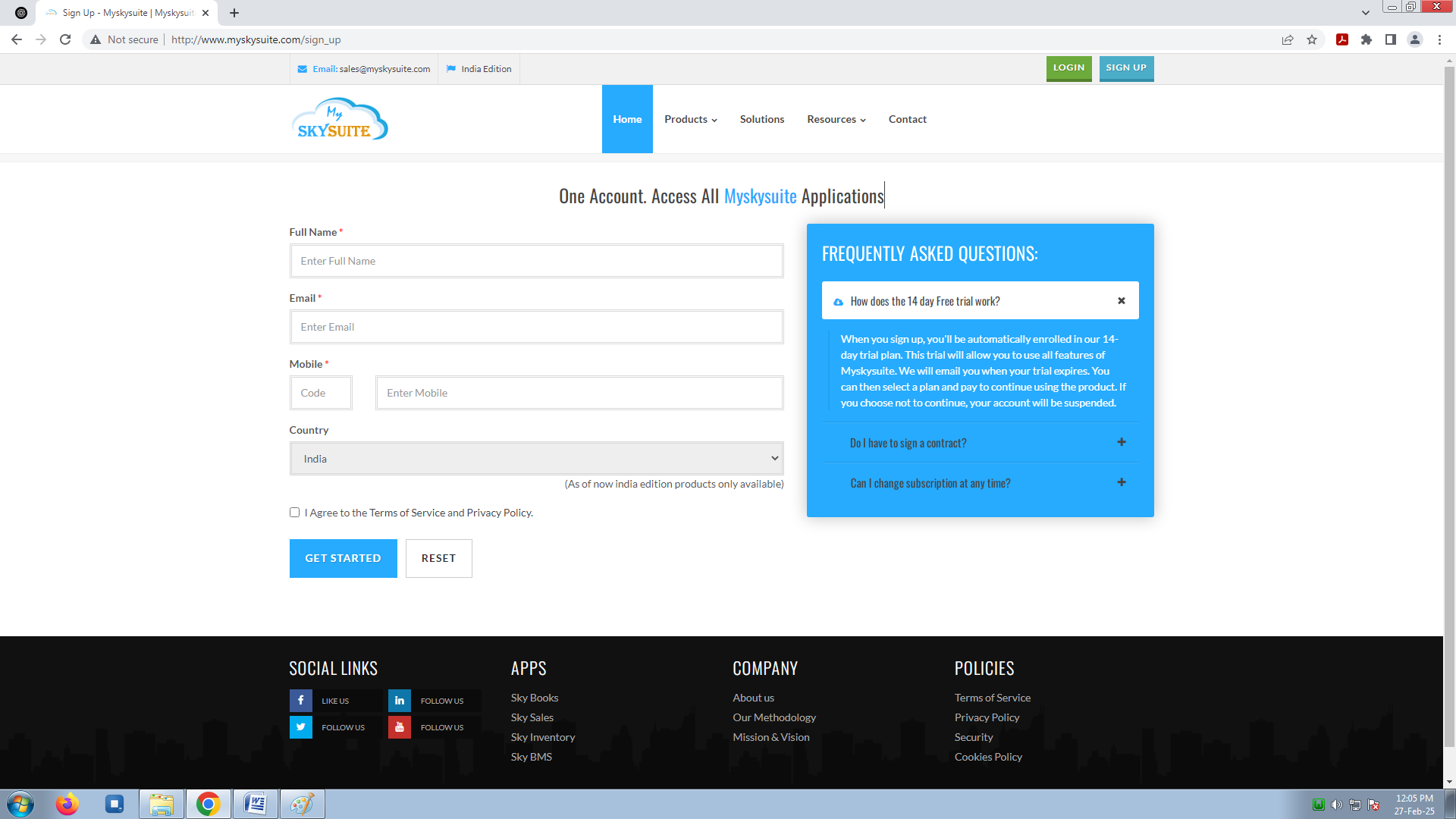 Sky Suite Registration Page showing fields for full name, email, and mobile number