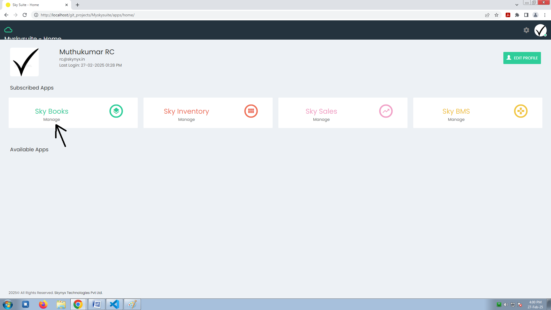 Sky Suite Home Page showing business settings options